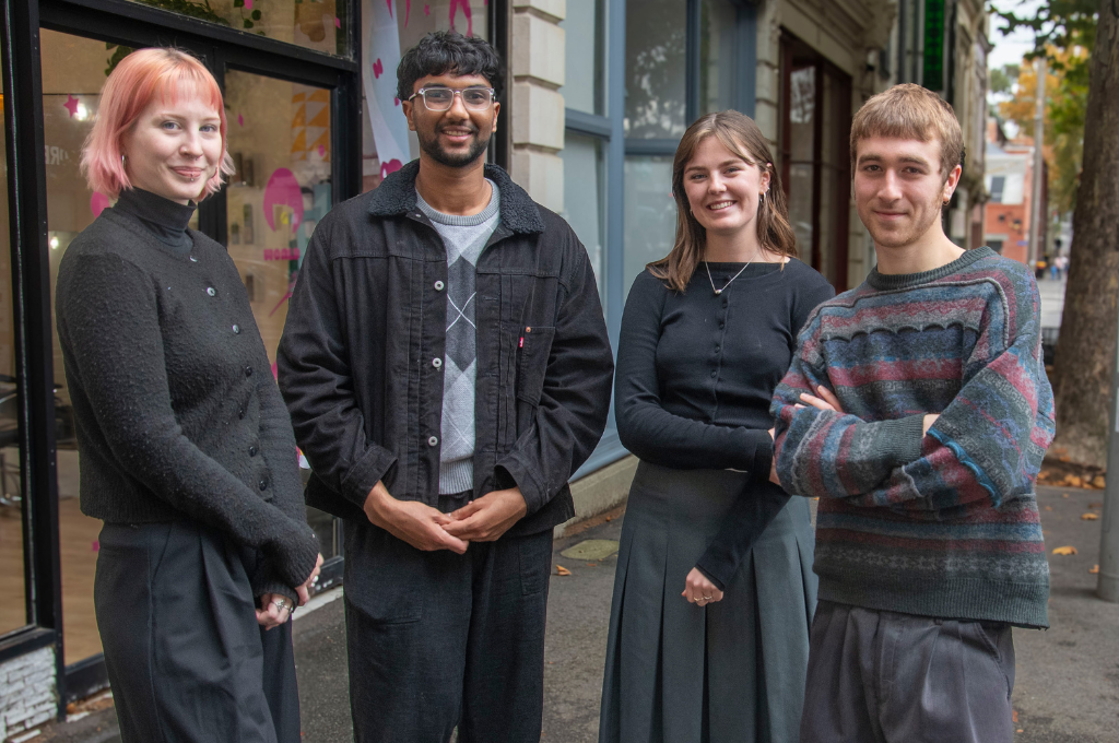Volunteers Kathryn Port, Barath Baskaran, Clodagh McMahon and Camilo Ramirez-Borcherdt outside IMCL's North Melbourne office.